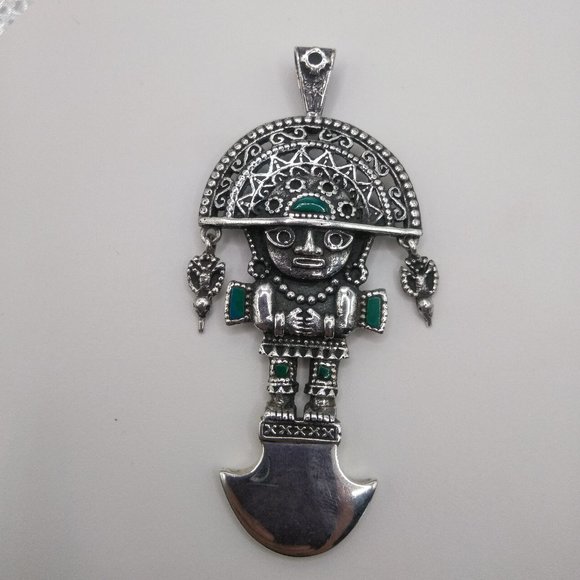 Peruvian necklace in 950 sterling silver with turquoise natural stone tumi desig - Picture 4 of 10